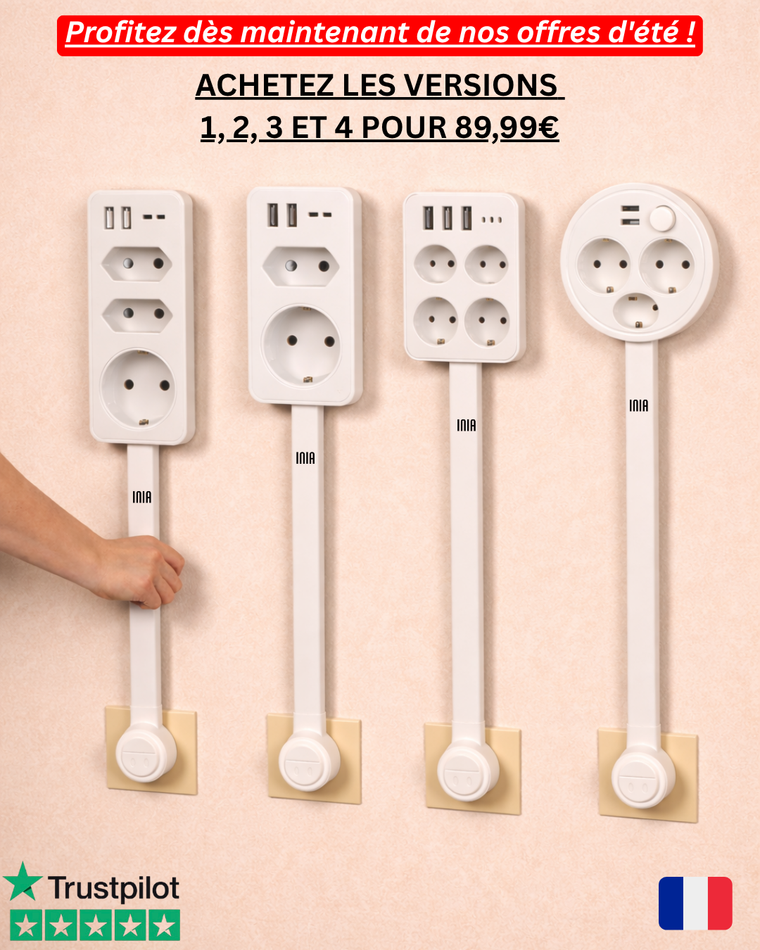 INIA® – Lot de 4 rallonges extensibles et pivotantes (prise UE)