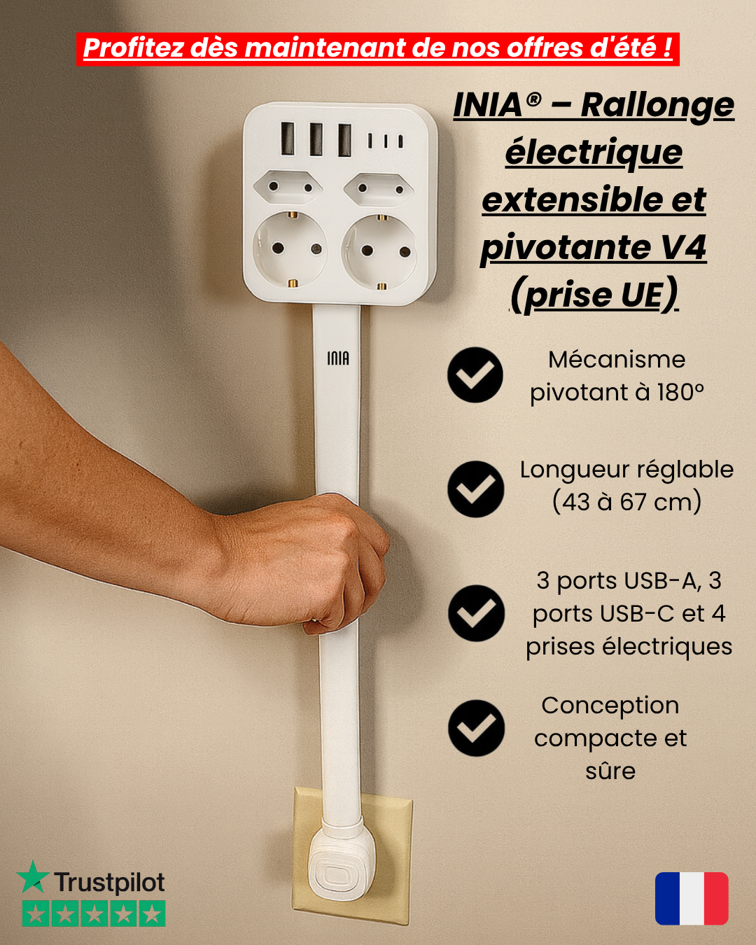 INIA® – Rallonge électrique extensible et pivotante V2 (prise UE)