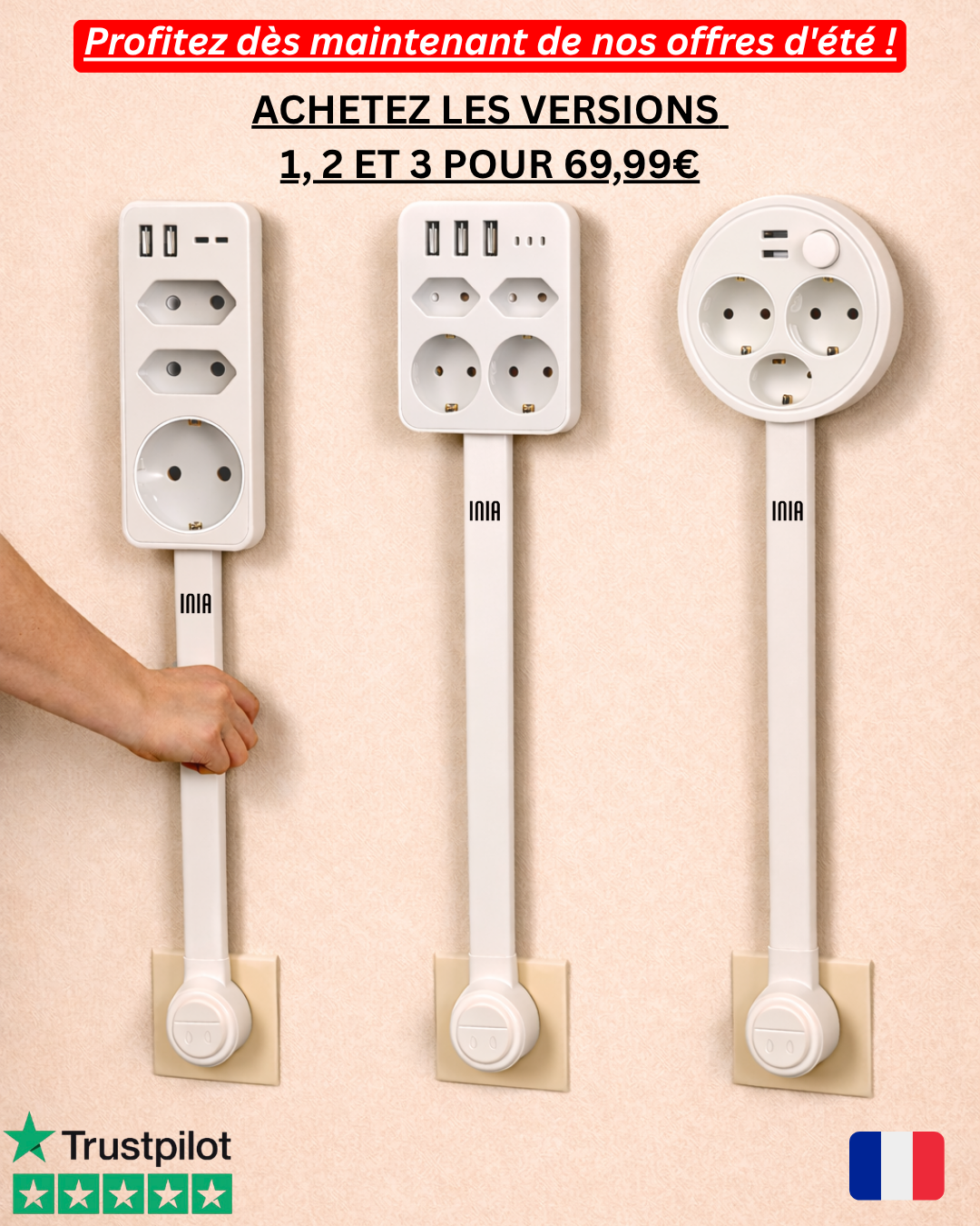 INIA® – Lot de 3 rallonges extensibles et pivotantes (prise UE)