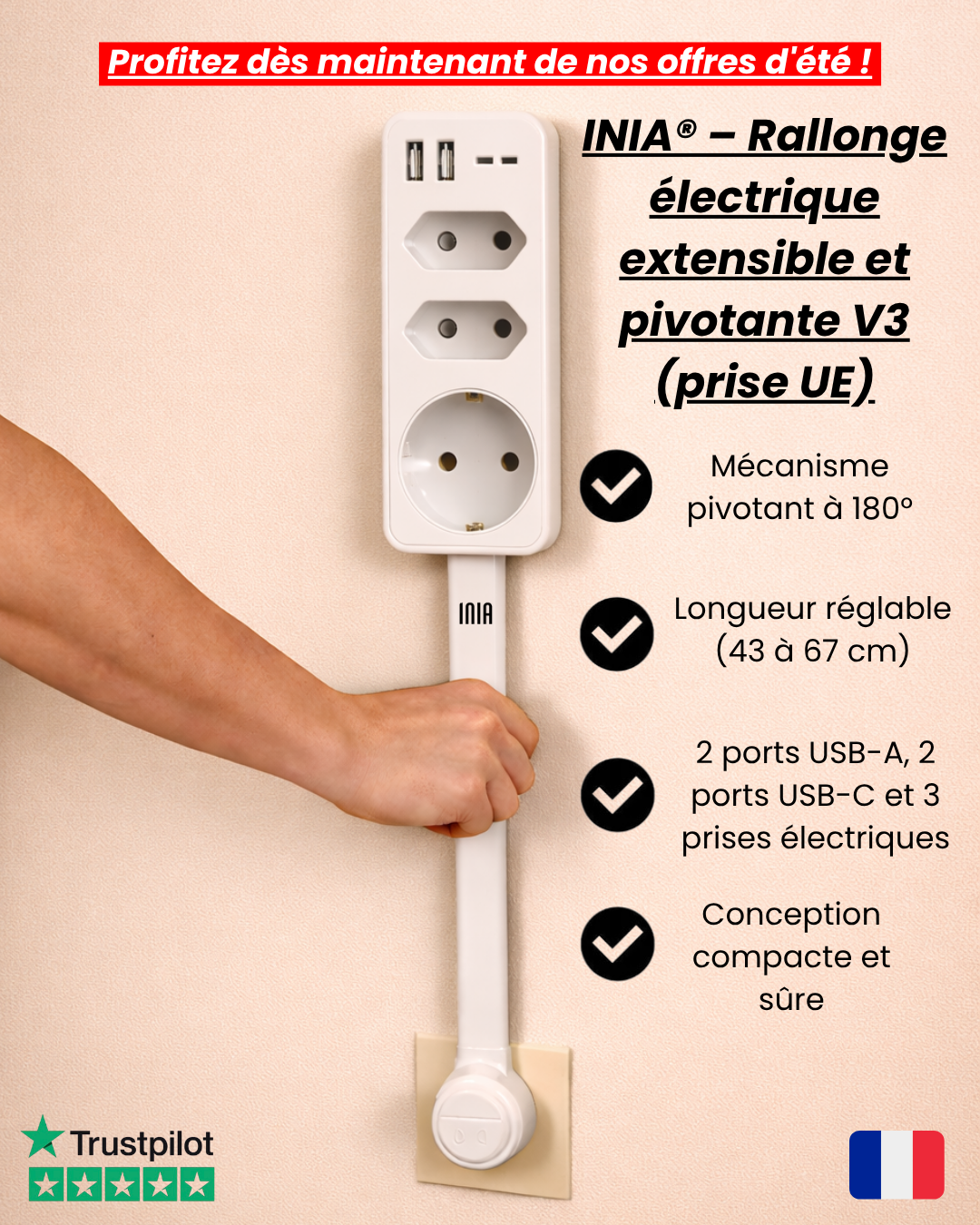 INIA® – Rallonge électrique extensible et pivotante V3 (prise UE)